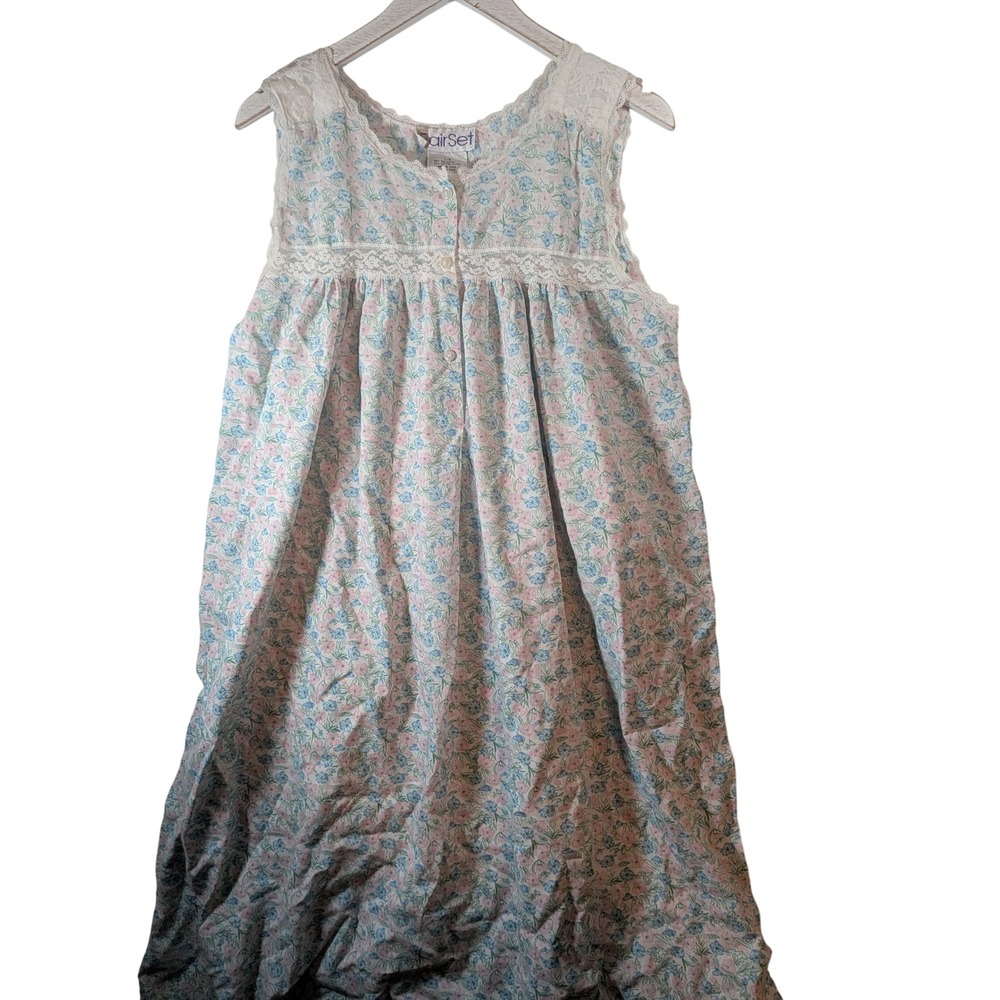 Vintage FairSet Floral Lace Trim Nightgown Sleeveless Pink Blue Cotton Blend L